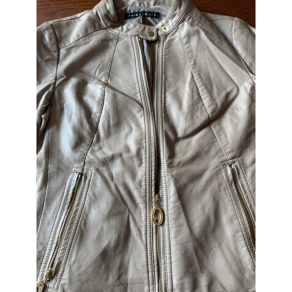Ivanka Trump Faux Leather Moto Jacket Tan Beige Ribbed Knit Panels Small